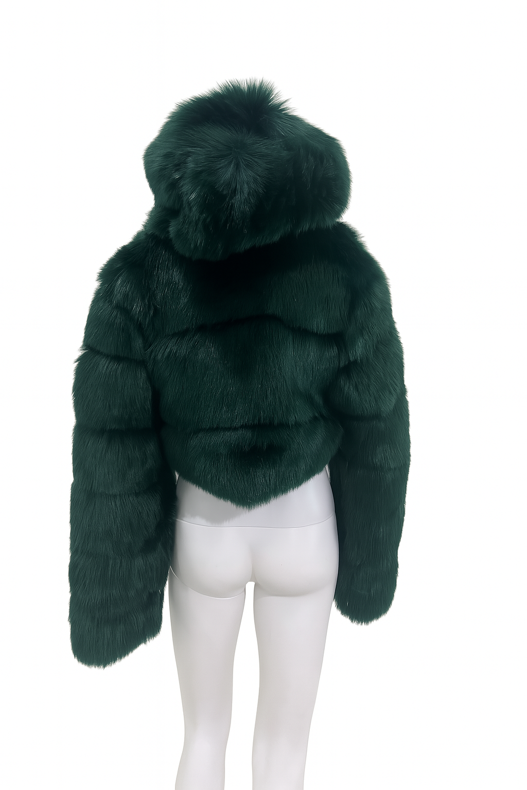 Hooded Green Cropped Fur Jacket Dark Green Cropped Faux Fur Coat